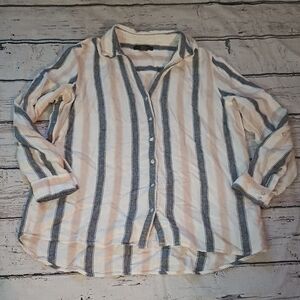 Tahari White Gray Tan Linen Blend Striped Long Sleeve Button Up Shirt L